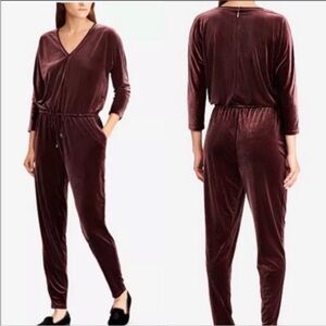 Lauren Ralph Lauren Plum Burgundy Velvet Waist Tie V-Neck Tapered Jumpsuit L